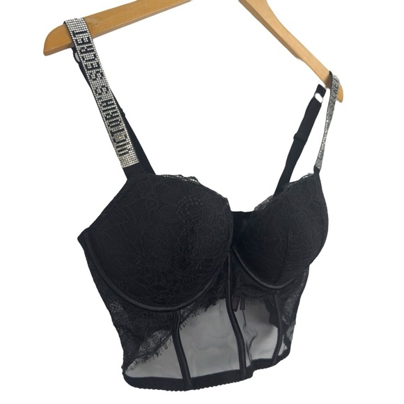 Victoria’s Secret Black Rhinestone Strap Pushup Corset Bra Top 36D Floral Lace - Picture 3 of 16